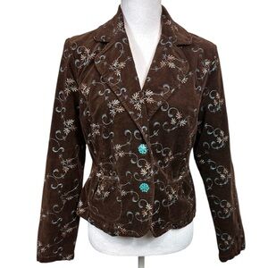 Vintage Live A Little Corduroy Brown Floral Embroidered Jeweled Button Blazer M